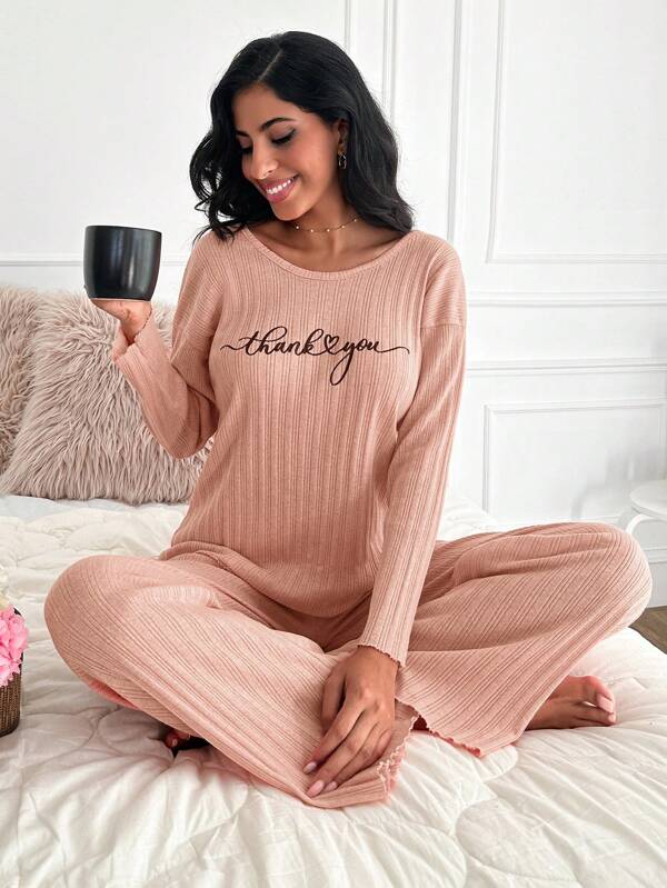 EURMUSE Damen Schlogan-Muster Oversized Langarm Top und Hose Pyjama Set