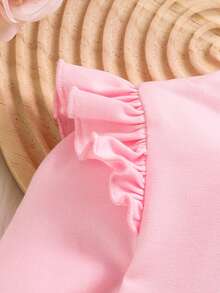 SHEIN Baby Girl Letter & Cartoon Graphic Ruffle Trim Tee & Flare Leg Pants Without Headband - Pink - View 7