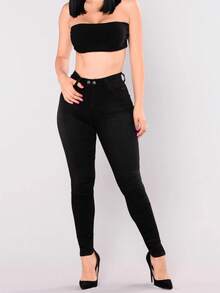 Cao eo Co giãn Chi tiết Nút Quần bó sát - màu đen - Xem 3