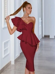 Một bờ vai Nếp may phóng đại Tách rời Băng bó Quần bó Đầm tiệc rượu - Màu Đỏ Sâu - Xem 6