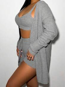 VaVaBold 3入組實色針織上衣和開襟短褲套裝,夏季穿搭 - 深灰色 - 查看 5