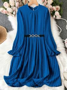 SHEIN Clasi 大尺碼荷葉袖連身裙(不含腰帶) - 藍色 - 查看 1