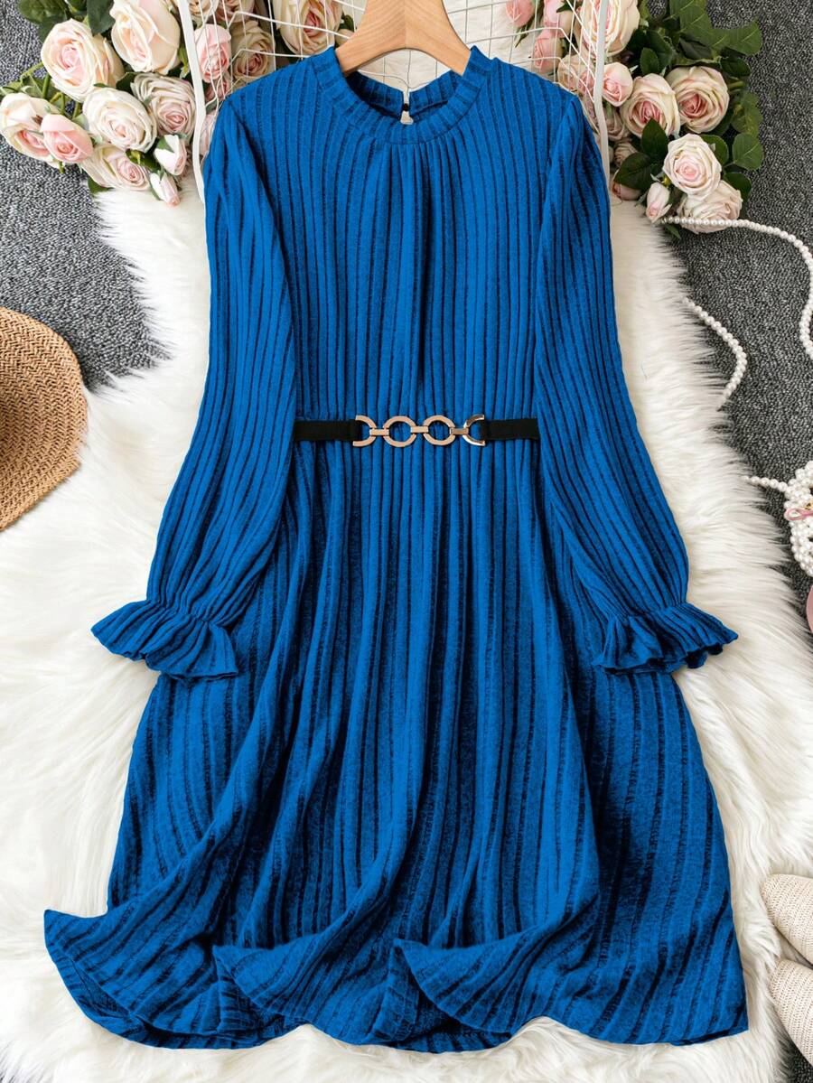 SHEIN Clasi 大尺碼荷葉袖連身裙(不含腰帶) - 藍色 - 查看 1