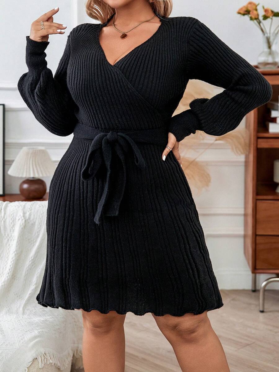 Calvaya Plus Size Women's V-neck Ribbed Slim Fit Sweater Dress With Belt - Black - View 1