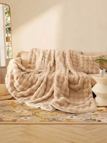 1pc Solid Color Faux Jacquard Bubble Plush Blanket, Skin-Friendly Comfortable Warm, Suitable For Bed Or Sofa - Khaki - View 1