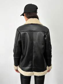 EURMUSE Lót Teddy Dây kéo Da nhìn Áo khoác moto - màu đen - Xem 2