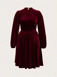 SHEIN Clasi Hơn 1 Miếng Cổ giả Tay áo lồng đèn Nhung Đầm - Màu Đỏ Sâu - Xem 1