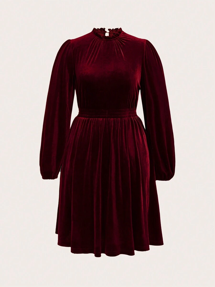 SHEIN Clasi Hơn 1 Miếng Cổ giả Tay áo lồng đèn Nhung Đầm - Màu Đỏ Sâu - Xem 1