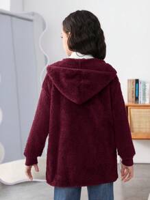SHEIN Tween 女孩針織純色連帽寬鬆休閒外套大翻領雙貼袋 - 酒紅色 - 查看 2