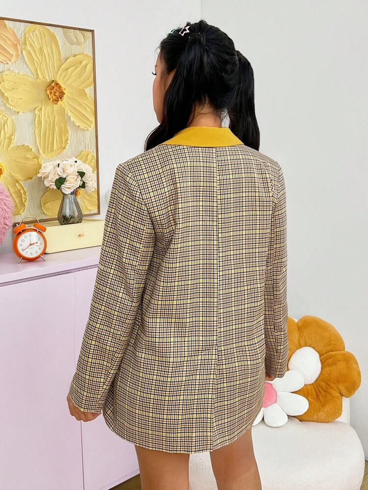 Women'S Plaid Collar Double Breasted Color-Block Blazer