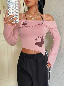 SHEIN MOD Women Butterfly Print Open Shoulder T-Shirt - Pink - View 3