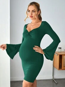 SHEIN Thai sản Màu thuần Người yêu Đường viền cổ áo Mặt trước xoắn Tay áo xù Váy bodycon - xanh quân đội - Xem 4