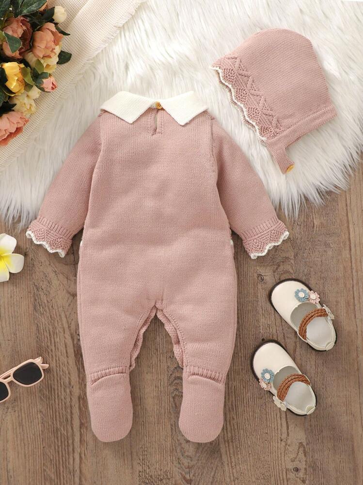 SHEIN Mono Estilo Suéter Decorado Con Lazo Y Cuello En Contraste Para Bebé Niña Con Sombrero - Rosa - Añade 2