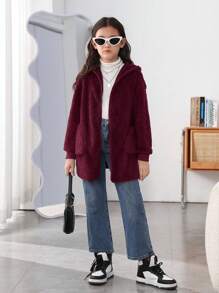 SHEIN Tween 女孩針織純色連帽寬鬆休閒外套大翻領雙貼袋 - 酒紅色 - 查看 3