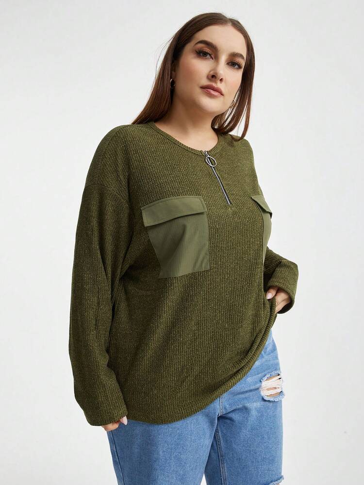 Plus Size Flip Pocket Zipper Half Placket Drop Shoulder Sleeve T-shirt
