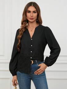 GENKIRA Random Embroidered Long Sleeve Women's Shirt Fall Cloth For Women - Black - View 1