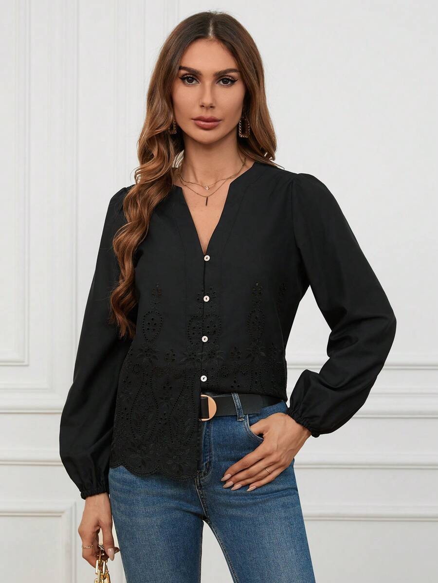 GENKIRA Random Embroidered Long Sleeve Women's Shirt Fall Cloth For Women - Black - View 1