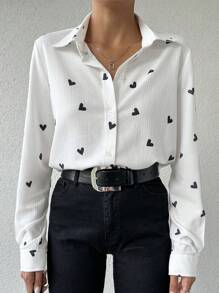 EURMUSE 小码女式心形印花纹理衬衫 - 白色 - 查看 3