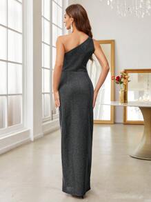 SHEIN Belle Một bờ vai Wrapped Kim sa Hem Đầm dự tiệc Cocktail - màu đen - Xem 2