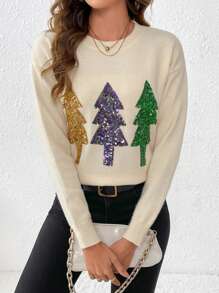 SHEIN LUNE 女款三色閃光聖誕樹設計圓領毛衣 - 杏色 - 查看 6