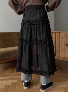 FRIFUL Women's Tiered Ruffle Asymmetric Hem Skirt - Black - View 2