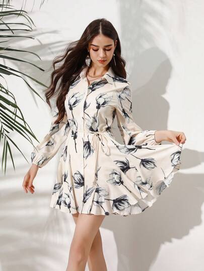 Aveloria Rosie Vestido de manga larga con estampado aleatorio, atuendo de vacaciones para mujer