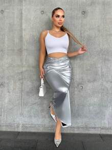 Zolique 女裝金屬褶皺高腰v形修身裙 - 銀色 - 查看 6