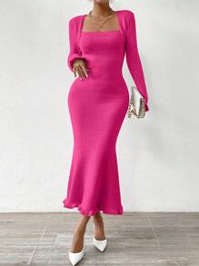 SHEIN Privé 優雅的魚尾搭扣長袖方領毛衣裙 - 玫紅色 - 查看 4