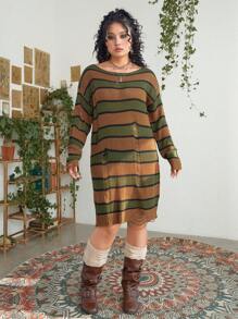 ROMWE PUNK Plus Size Striped Sweater Dress With Drop Shoulder And Distressed Detail - Multicolor - View 6