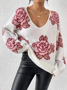 SHEIN Frenchy Floral Pattern V-neck Sweater Pullover - Pink - View 5