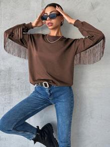RueChic Cotton Women's Solid Color Fringed Edges Drop Shoulder Sweatshirt - Brown - View 1