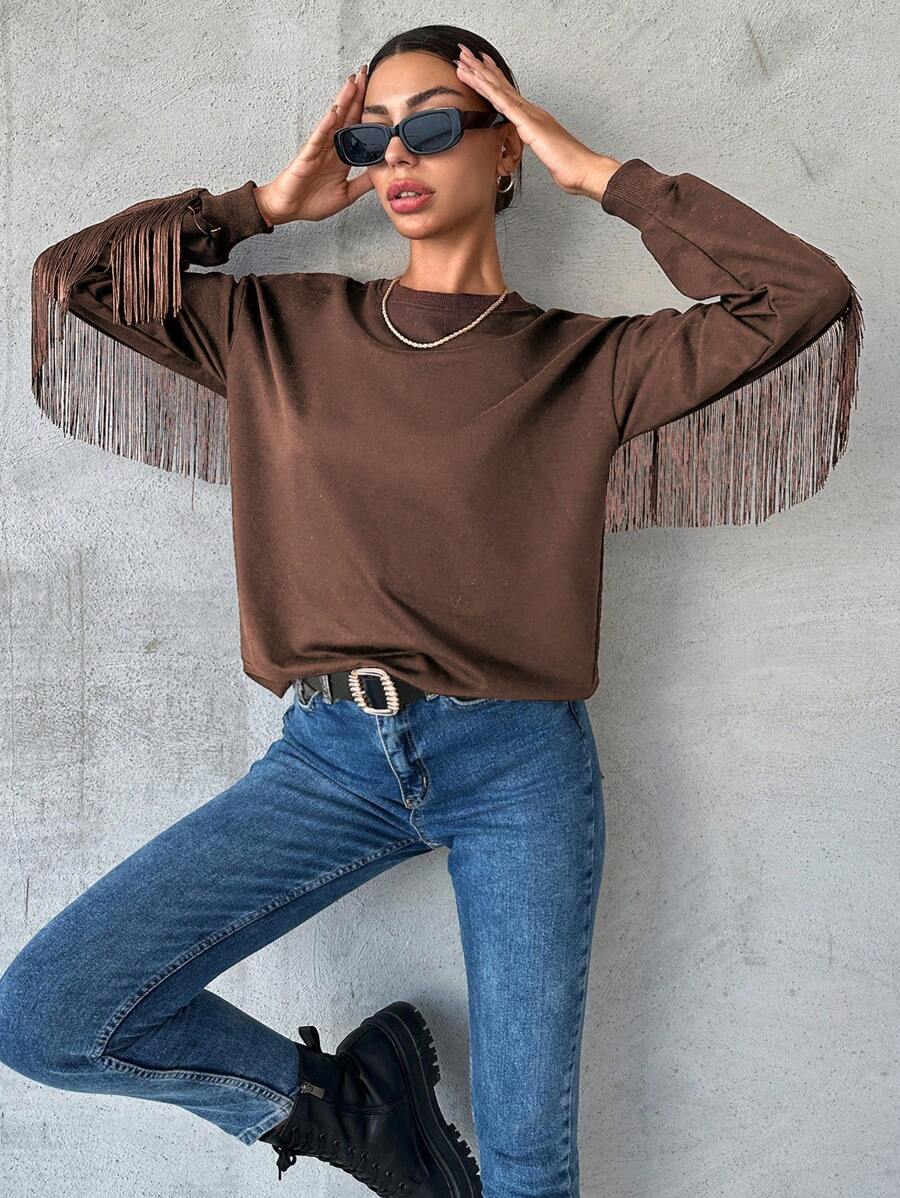 RueChic Cotton Women's Solid Color Fringed Edges Drop Shoulder Sweatshirt - Brown - View 1