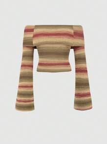 Sweetra Sọc Off Shoulder Tay áo dài Áo len - trái cam - Xem 1