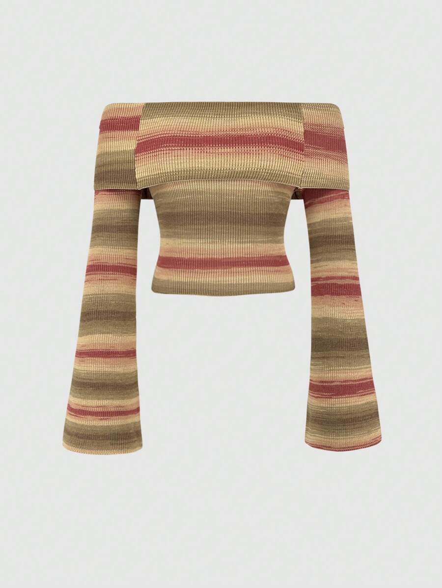 Sweetra Sọc Off Shoulder Tay áo dài Áo len - trái cam - Xem 1