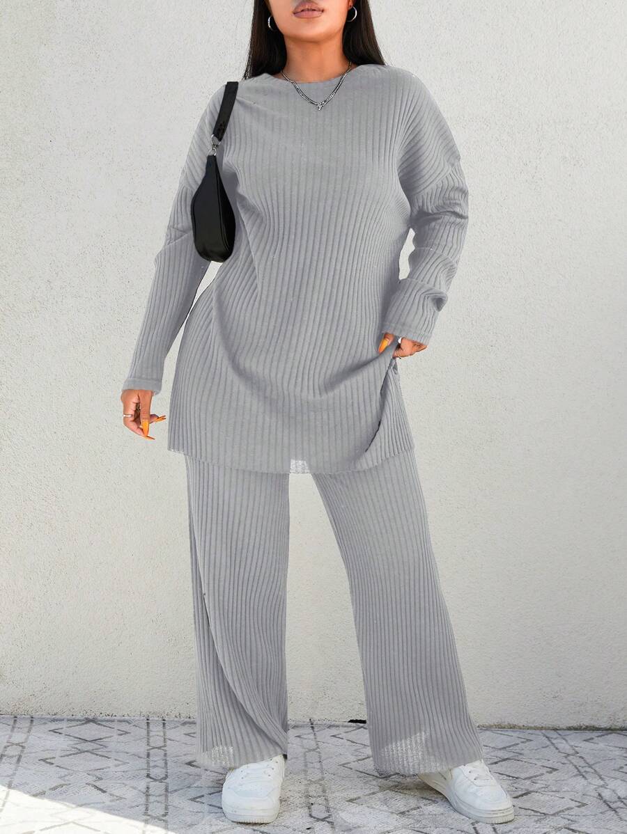 EURMUSE Plus Drop Shoulder Split Hem Tee & Pants - Light Grey - View 1