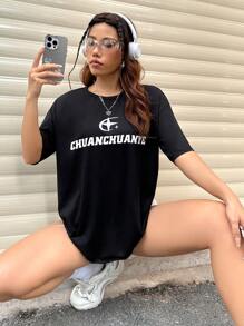 SHEIN Unity Của phụ nữ Lá thư In Ngắn tay Áo thun - màu đen - Xem 3