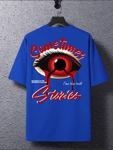 Lỏng lẻo phù hợp Nam Mắt in Ngắn tay Áo thun - Màu xanh lam - Xem 2