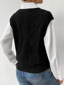 SHEIN LUNE Casual Twist Knitted Sweater Vest - Black - View 2