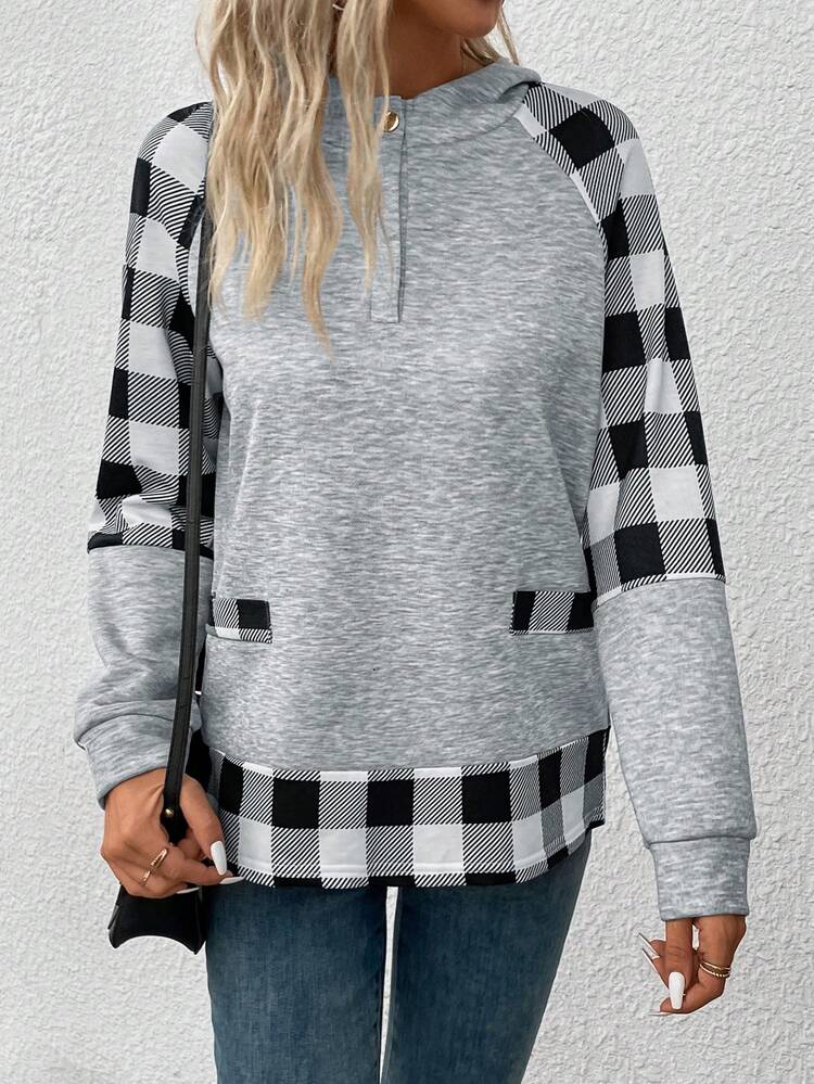 Women's Hooded Sweatshirt, Plaid Patchwork, Raglan Sleeve Pullover Fall Sweatshirt