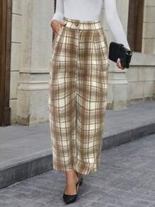 SHEIN LUNE Women's Plaid Printed Wide Leg Pants With Slanted Pockets Fall Cloth For Women - Khaki - View 4