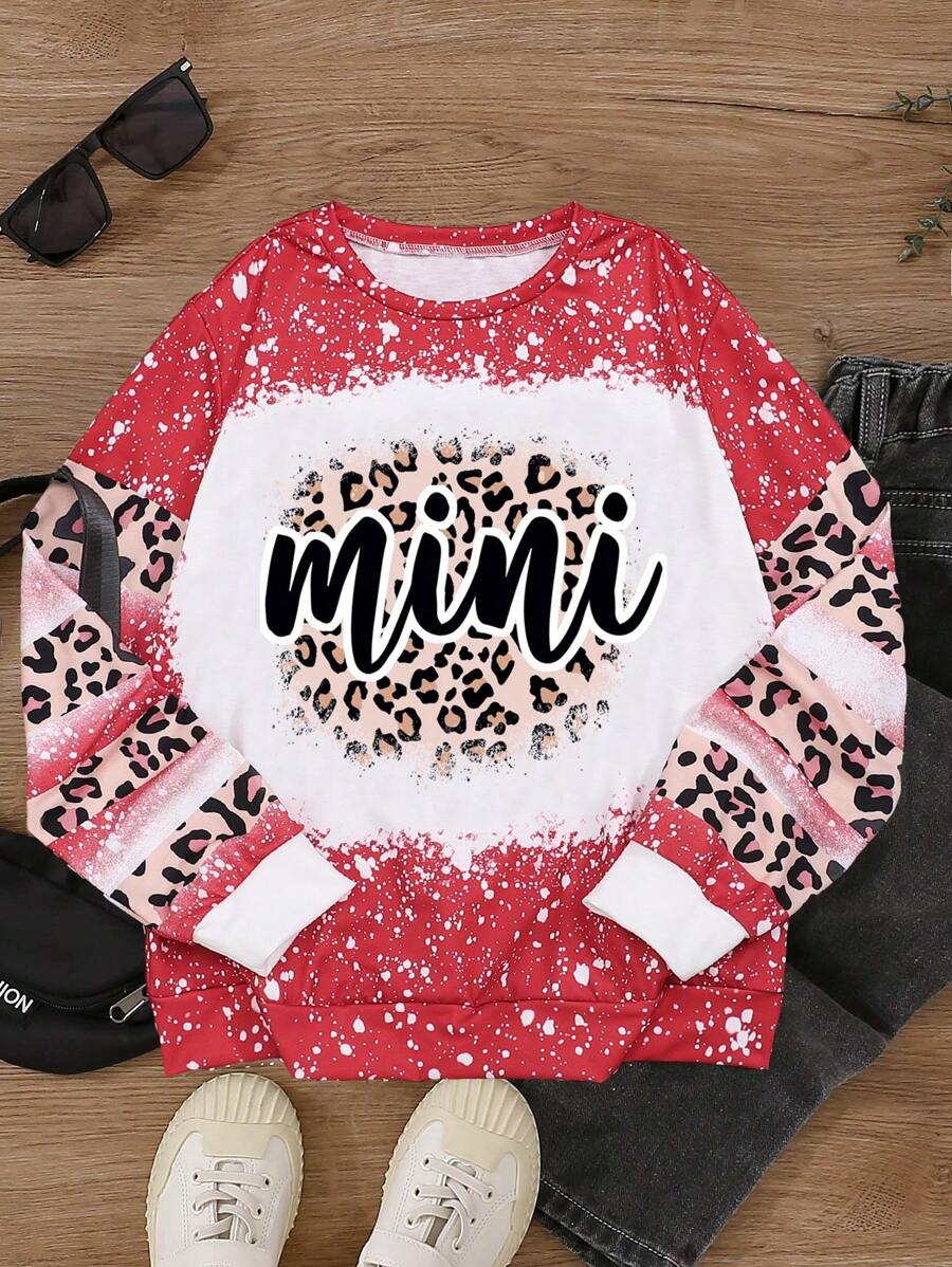 SHEIN Girls' (big) Color Block Letter Print Crew Neck Sweatshirt - Hot Pink - View 1