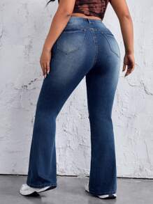 SHEIN EZwear Women's Plus Size Distressed Water Washing Flared Jeans - Dark Wash - View 2