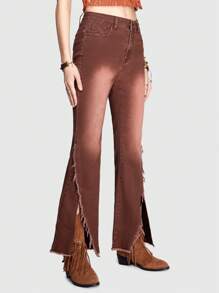 ROMWE Hippie 女士磨邊開叉喇叭牛仔褲 - 咖啡棕 - 查看 5