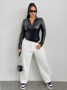 SHEIN ICON 女士加大碼拉鍊式半排釦修身連身衣 - 黑色 - 查看 7