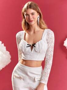Enchnt Women's Lace Patchwork Cropped Top With Sweetheart Neckline - White - View 1