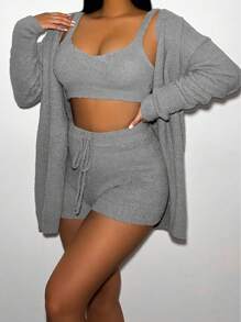 VaVaBold 3入組實色針織上衣和開襟短褲套裝,夏季穿搭 - 深灰色 - 查看 3