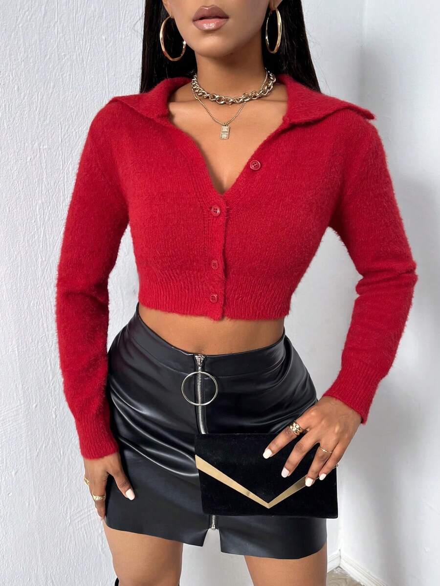 SHEIN Essnce Ngắn Lông chồn Áo len Mở Với Ngực đơn Clasp - Đỏ - Xem 1