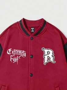 ROMWE MEN Street Life 男士字母圖案條紋飾邊撞色落肩袖學院風夾克 - 彩色 - 查看 7