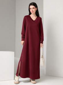 Mulvari Burgundy Red Women's Long Sleeve Sweatshirt Dress,Long Sleeve Tops - Burgundy - View 3