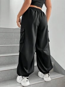 SHEIN EZwear 女款黑色梭織工裝褲 - 黑色 - 查看 2